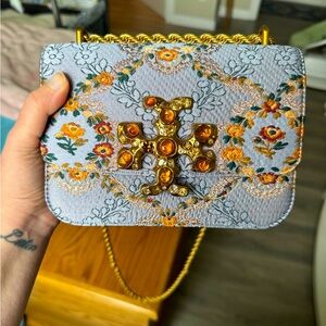 Tory Burch - Eleanor Brocade Jeweled Logo Small Convertible Shoulder Bag…